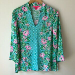 Lilly Pulitzer Surf Blue Oh Diamond Girl Print Tunic Blouse